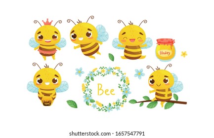 Cute Striped Bee Characters Gathering Honey in Pots Vector Set