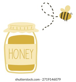 Abeja rayada linda que vuela en camino de línea discontinua hacia un tarro de miel dorado