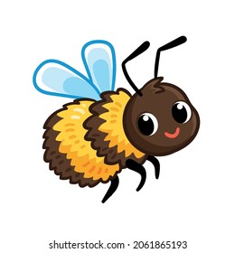 Cute striped bumblebee is flying on a white background. Vector illustration with insect in cartoon style.