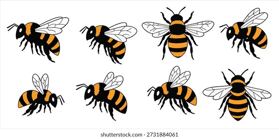 cute striped bumblebees and honey bees buzzing around