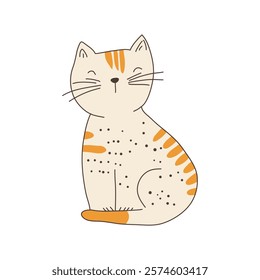 Cute striped cat in flat design. Happy domestic tabby feline pet sitting. Vector illustration isolated.