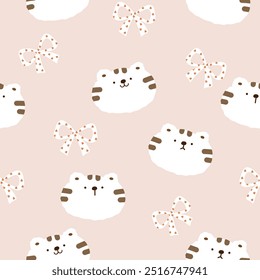cute striped cat heads and bows  seamless pattern , vector , illustration