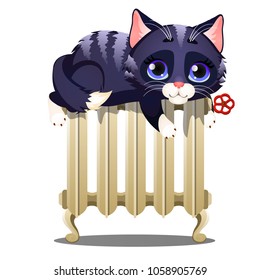 Cute striped cat lying on a hot heating radiator isolated on white background. Blue-eyed tabby cat. Vector cartoon close-up illustration.
