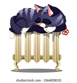Cute striped cat lying on a hot heating radiator isolated on white background. Sleeping tabby cat. Vector cartoon close-up illustration.