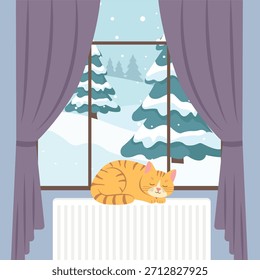 Lindo gato de rayas acostado en un radiador de calefacción caliente. Ilustración vectorial de invierno acogedora
