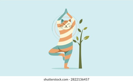 Cute striped cat practicing yoga tree pose next to a green plant on a pastel blue background in flat vector style.