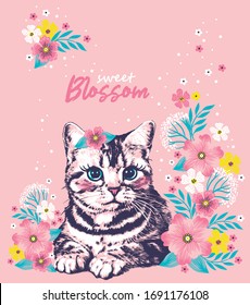 Cute striped cat realistic hand drawn sitting in the flowers vector illustration.