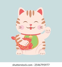 Cute striped cat with rised left paw holds a fish. Maneki-neko traditional japanese gift toy attracting good luck. Isolated vector object, symbol, icon, character