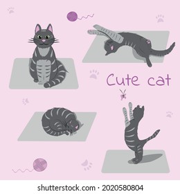 Cute striped cat set in four different poses on the grey carpet. chasing butterfly and ball of thread, sleep, sitting, lazy