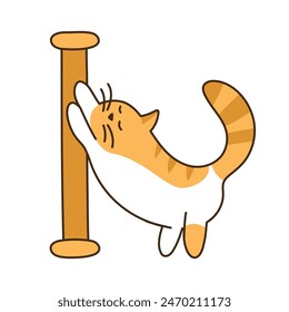 Lindo gato rayado afila sus garras. El gatito doméstico naranja se para en sus patas traseras y se apoya en el poste de rascar. Animal de color kawaii. Personaje infantil aislado para pegatina. Ilustración vectorial