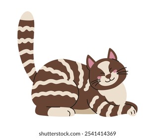 Gato listrado bonito esticando e afiando suas garras ilustração vetor plana isolado no branco.