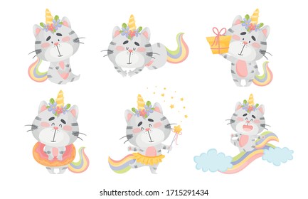 Cute Striped Cat Unicorn with Rainbow Tail and Twisted Horn Sleeping and Carrying Gift Box Vector Set