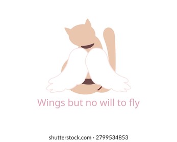 Cute striped cat with white angel wings, peacefully resting. Ironic lazy mood. Vector illustration. Great for funny sticker, lazy cat lover t-shirt print, ironic greeting card, or cozy blog header