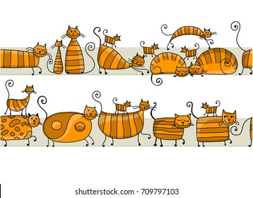 Cute striped cats family, seamless pattern for your design