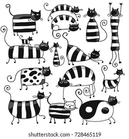 Cute striped cats family, sketch for your design