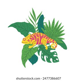 Cute striped colorful chameleon with tropical leaves flat vector illustration. Cartoon predator lizard animal isolated on white. Exotic guana pet, jungle fauna and flora