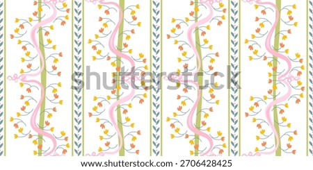 Cute striped floral seamless border pattern with hand drawn small yellow flowers, leaves and pink ribbons 