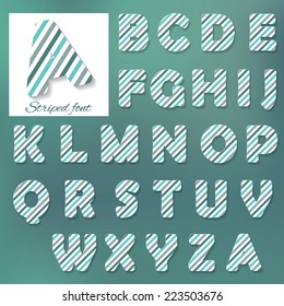 Cute striped font in blue colors on soft typographic background.