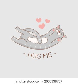 Cute striped gray cat lies and wants for hugs.