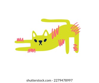 Cute striped green cat lying down. Vector illustration in children's style. Funny green cat isolated on white background.