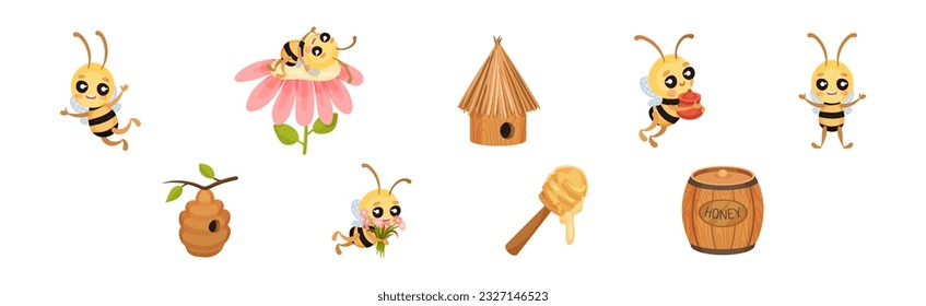 Cute Striped Honey Bee Character with Yellow Body Vector Set