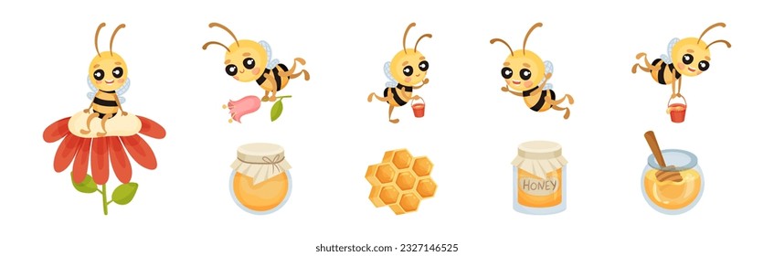 Cute Striped Honey Bee Character with Yellow Body Vector Set
