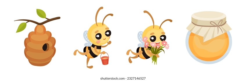 Cute Striped Honey Bee Character with Yellow Body Vector Set