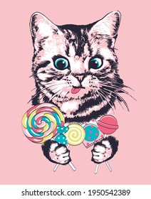 Cute striped kitten with candies. Vector illustration. Print for kids t shirt.