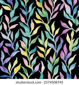 Cute striped leave seamless watercolor pattern on black background. Flower vector illustration. Watercolor print in rustic vintage style, textile or wallpapers.