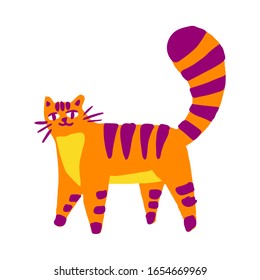 Cute striped orange cat walking, in a flat cartoon style. Vector funny kitten isolated on white background.