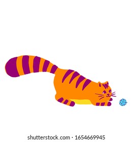 Cute striped orange playing cat in a flat cartoon style. Vector funny kitten isolated on white background.