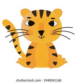 Cute striped orange-black tiger cub. Eyes wide open, he looks ahead. Sits, moves its tail. Symbol of 2022. Winter holiday design for New Year 2022. Vector isolated.