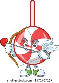 Cute striped peppermint candy Cupid cartoon character with arrow and wings