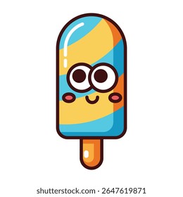 Cute striped popsicle with cartoon face and bright colors isolated on white background
