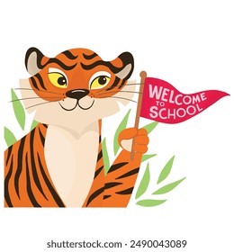 Cute striped red tiger holding a flag, welcoming back to school