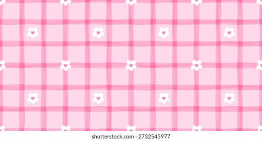 Cute striped seamless background with flower and watercolor lines light gingham feel. Ideal for kids fabric, nursery decor, and girly textile prints.