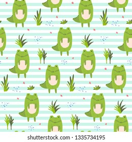 Cute striped seamless pattern with cartoon striped green crocodiles, grass and dots. Funny summer hand drawn alligator texture for kids design, wallpaper, textile, wrapping paper