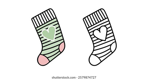 Cute striped sock doodle flat  and outline illustration with heart symbol

