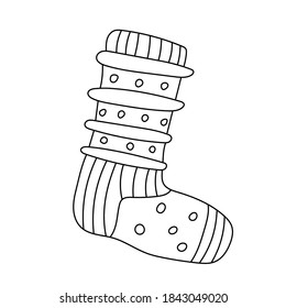 Cute striped sock in doodle sketch style. Isolated black outline. Hand drawn vector illustration on white background. Cozy  home and winter theme. Great for New Year and Christmas greeting cards.