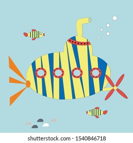 Cute  striped submarine in kids style art deep down under the water. 