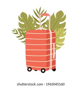 
Cute striped suitcase on wheels with tropical palm leaves. Hand drawn vector illustration isolated on white background. Cartoon style, flat design. Vacation, holidays, summer concept. 

