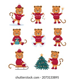 Cute striped tiger character new year illustrations vector set