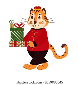 Cute striped tiger in Chinese costume with presents. For congratulations, cards, posters. Cartoon vector illustration isolated on white.