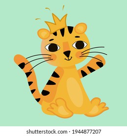 Un tigre cortado a rayas con una corona en la cabeza. El Rey-Tigre mira hacia delante con ojos anchos. El símbolo de 2022 ondeando su pata. Diseño de vacaciones de invierno para Año Nuevo 2022. Vector aislado en un verde.