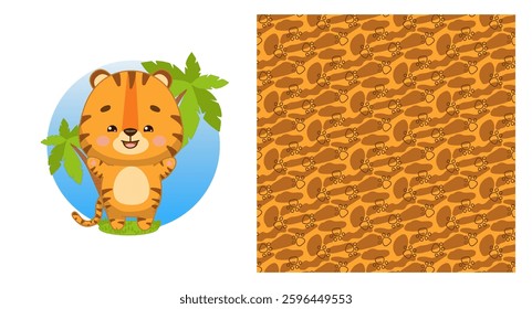 A cute striped tiger cub stands under palm trees. This adorable vector design is a seamless pattern perfect for fabric, linens, wrapping paper and t-shirt prints, invitations.