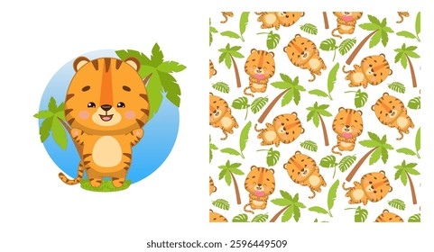 Cute striped tiger cub. This adorable vector design is a seamless pattern perfect for fabric, linens, wrapping paper and t-shirt prints, invitations.