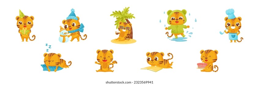 Cute Striped Tiger Engaged in Different Activity Vector Set