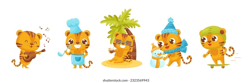 Cute Striped Tiger Engaged in Different Activity Vector Set