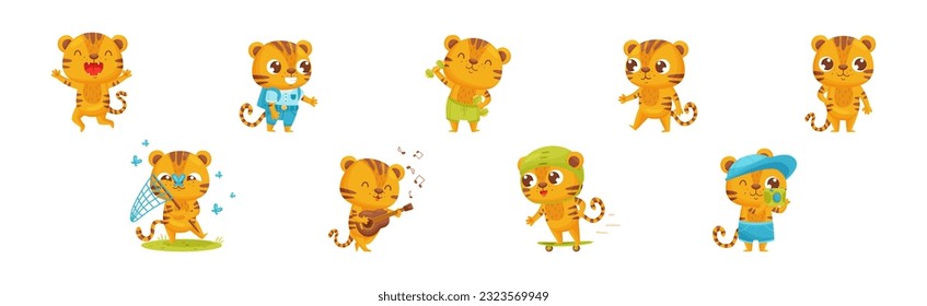 Cute Striped Tiger Engaged in Different Activity Vector Set