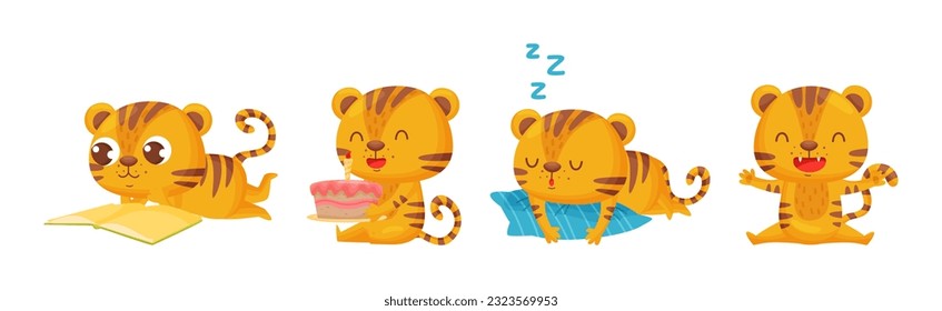 Cute Striped Tiger Engaged in Different Activity Vector Set